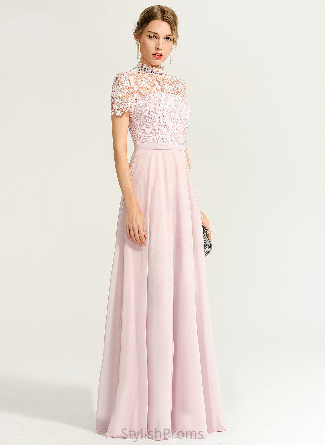 Illusion Roberta Chiffon A-Line Neck Lace Floor-Length Prom Dresses High