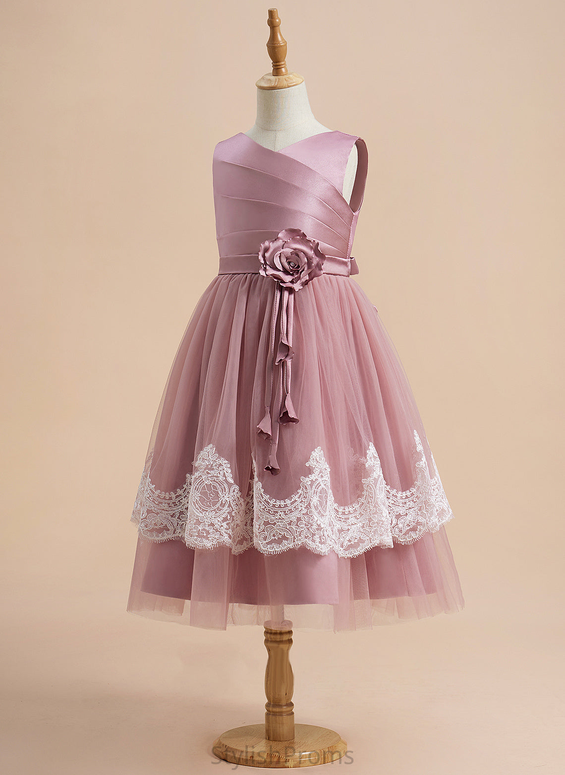 Sleeveless Girl Flower Girl Dresses Knee-length Dress Satin/Tulle With A-Line Back Lace/Flower(s)/Bow(s)/Pleated/V - V-neck Ximena Flower