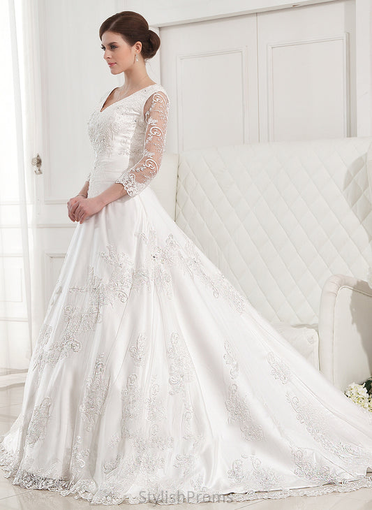 Ball-Gown/Princess Alyvia Appliques With Train Wedding Dresses Wedding Satin Dress V-neck Beading Chapel Lace