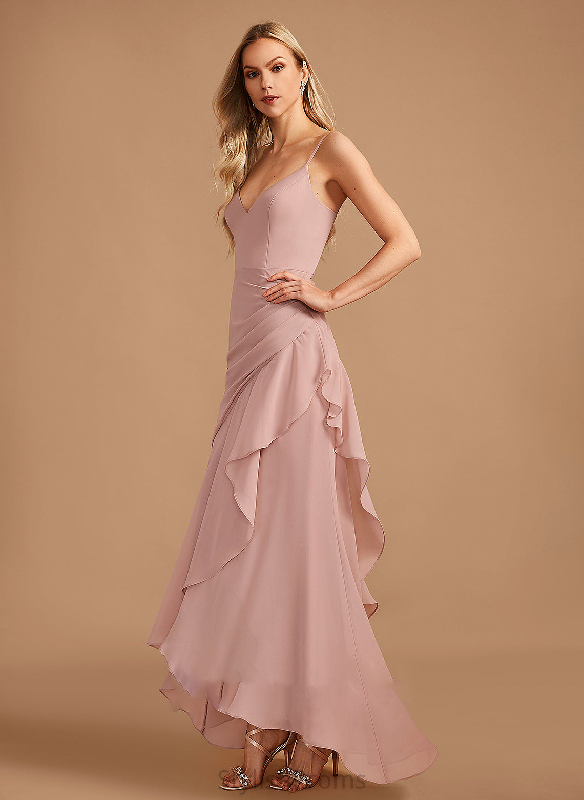 Embellishment Length Asymmetrical Silhouette Fabric Ruffle Neckline Trumpet/Mermaid V-neck Yvonne Natural Waist Sleeveless Bridesmaid Dresses