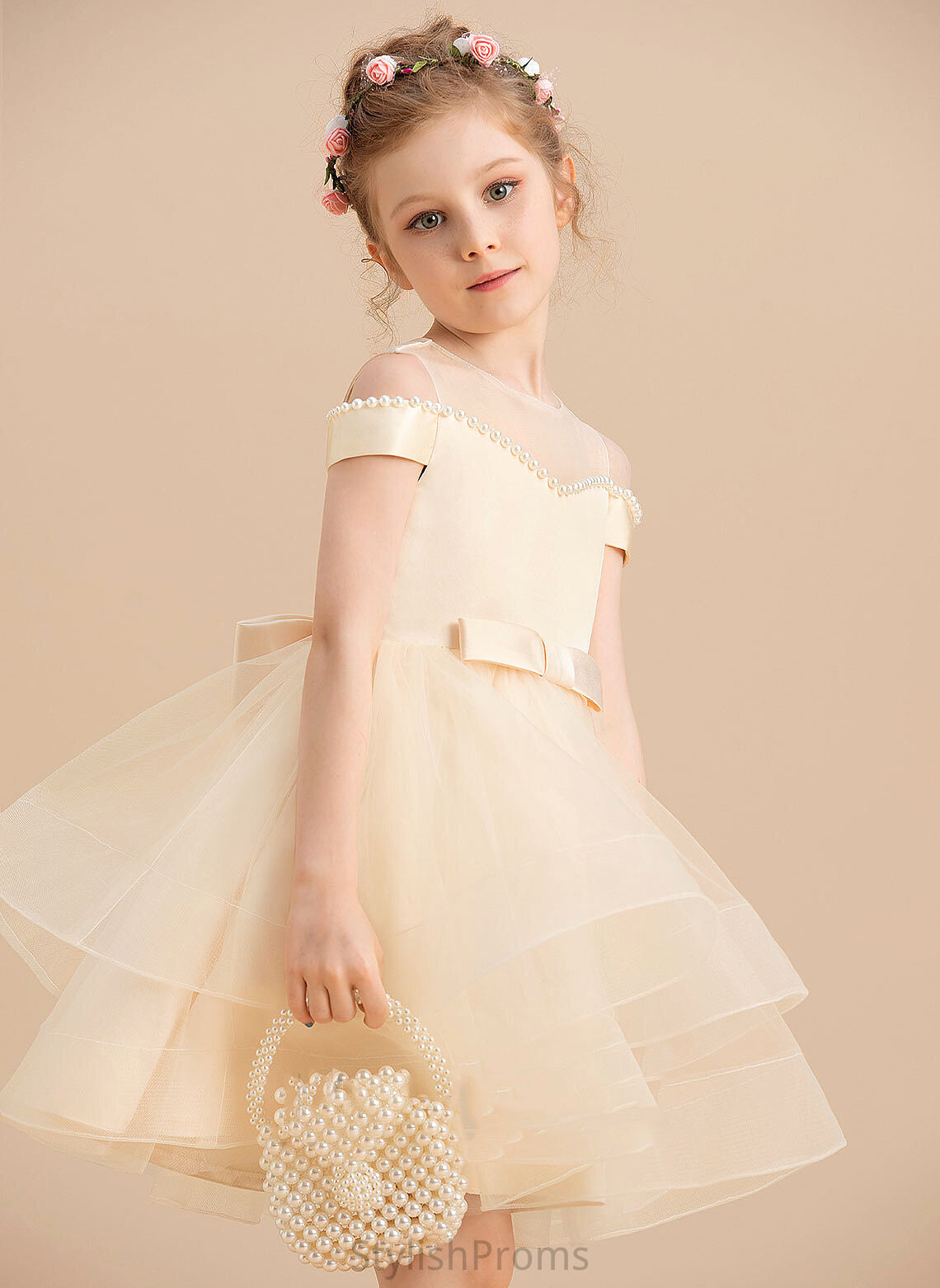 Karma Ball-Gown/Princess Girl Satin/Tulle Sleeveless Beading/Bow(s) Flower Dress Flower Girl Dresses Knee-length - With Neck Scoop