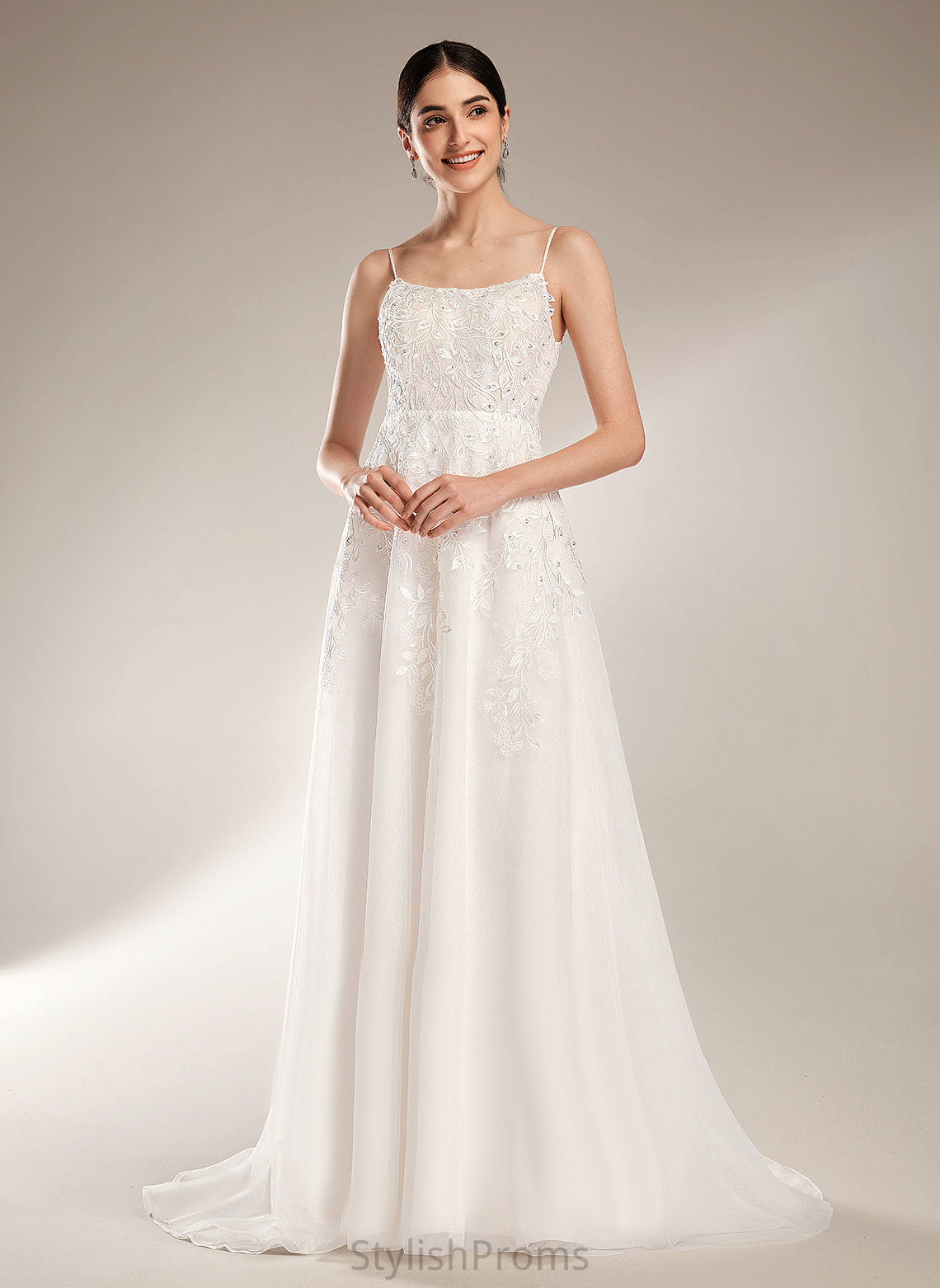 Dress Sequins Beading Tulle A-Line Lace Train Ciara Neckline With Wedding Court Square Wedding Dresses