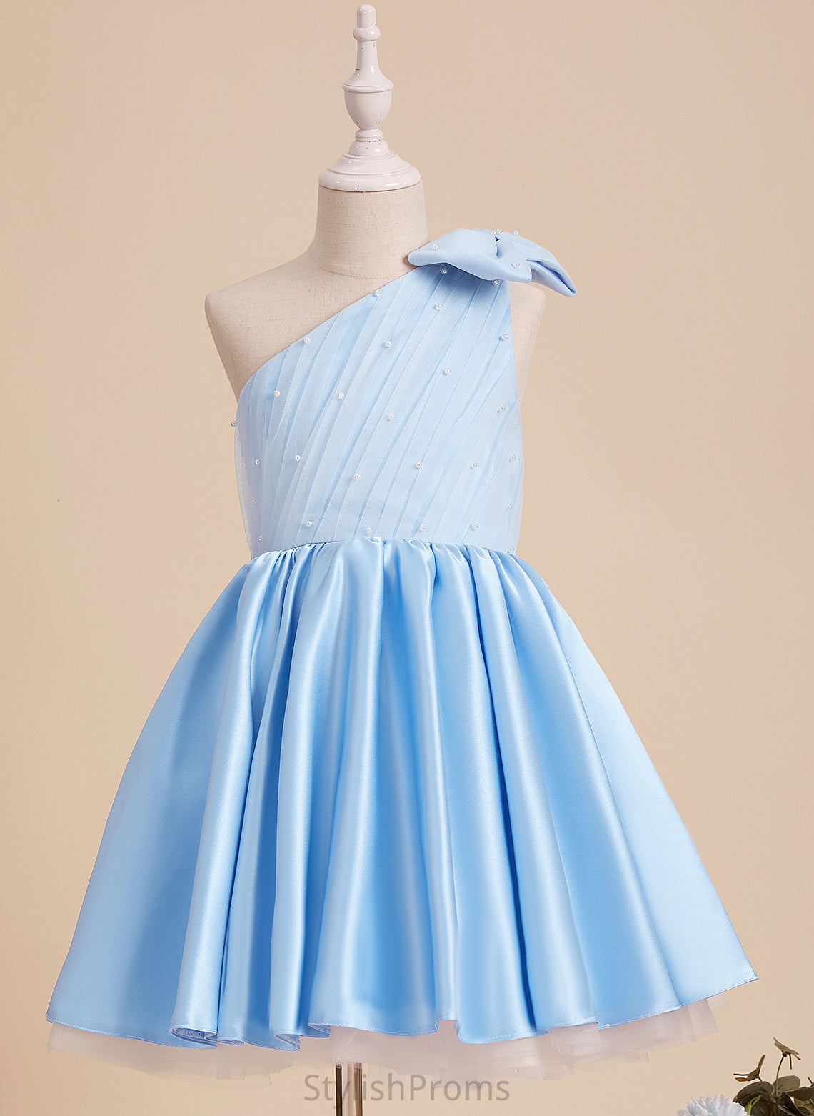 Logan Dress Beading/Bow(s) Knee-length Flower With Sleeveless Girl - Satin/Tulle A-Line One-Shoulder Flower Girl Dresses