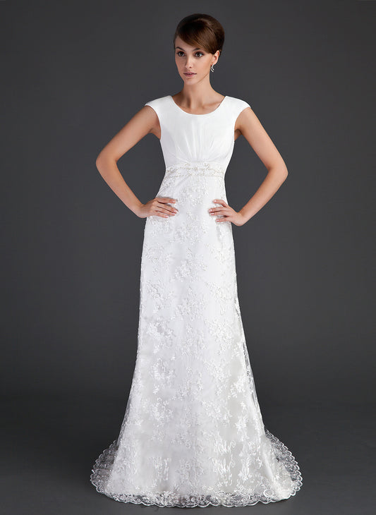 With Caroline Lace Dress Court Scoop Wedding Beading Neck Wedding Dresses Train Ruffle Sheath/Column