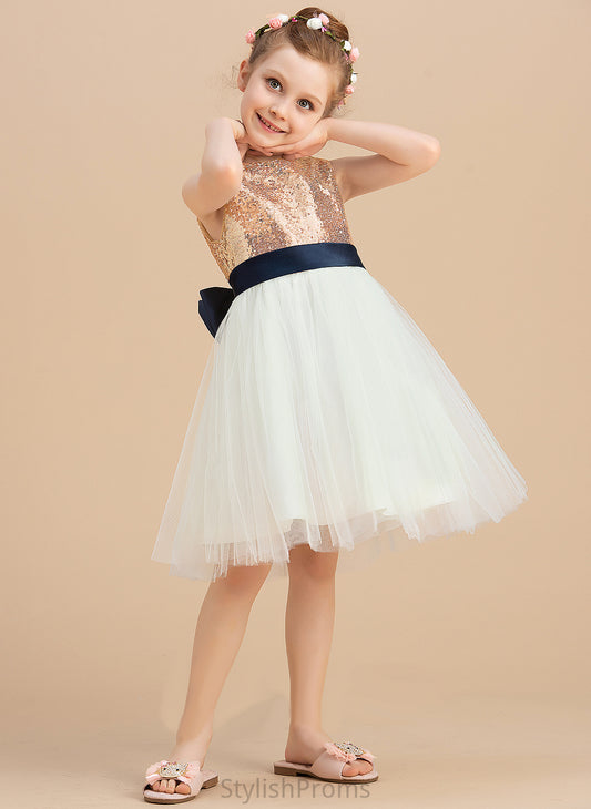 Flower Dress Amelia Sleeveless sash) Flower Girl Dresses Sequins/Bow(s) Girl Knee-length Scoop A-Line - Satin/Tulle/Sequined (Undetachable With Neck