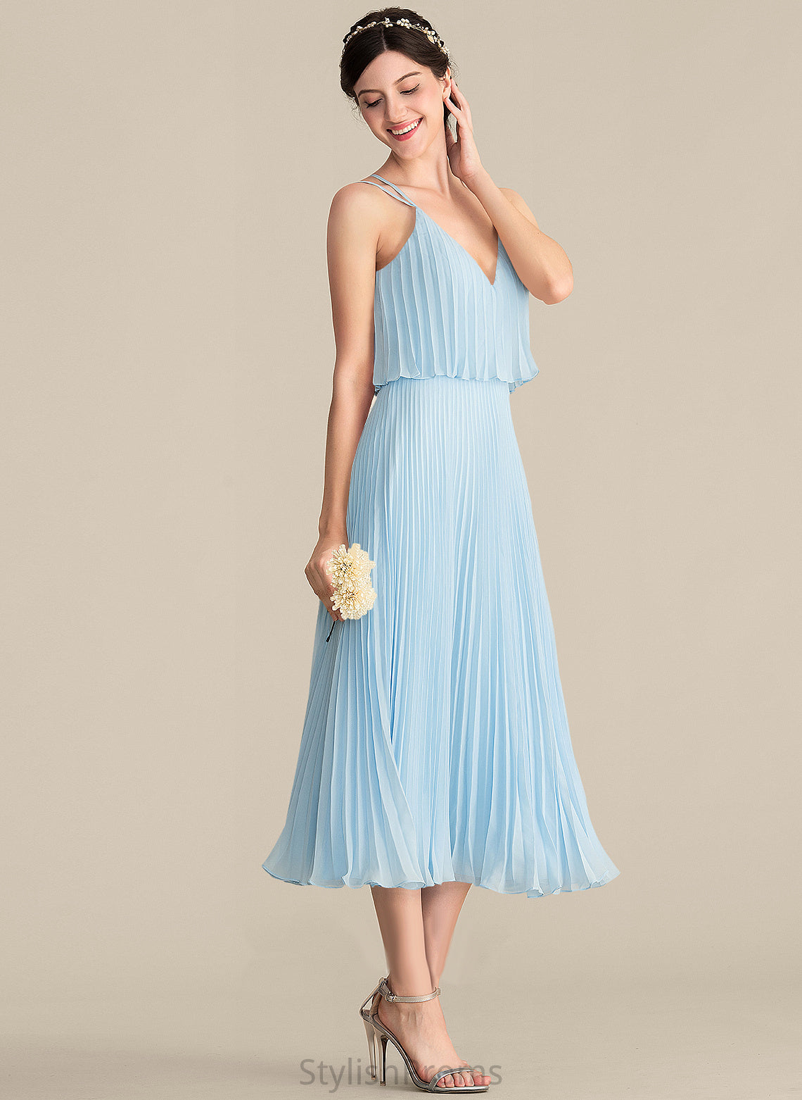 V-neck Dress A-Line Cocktail Dresses With Pleated Tea-Length Cocktail Charlotte Chiffon