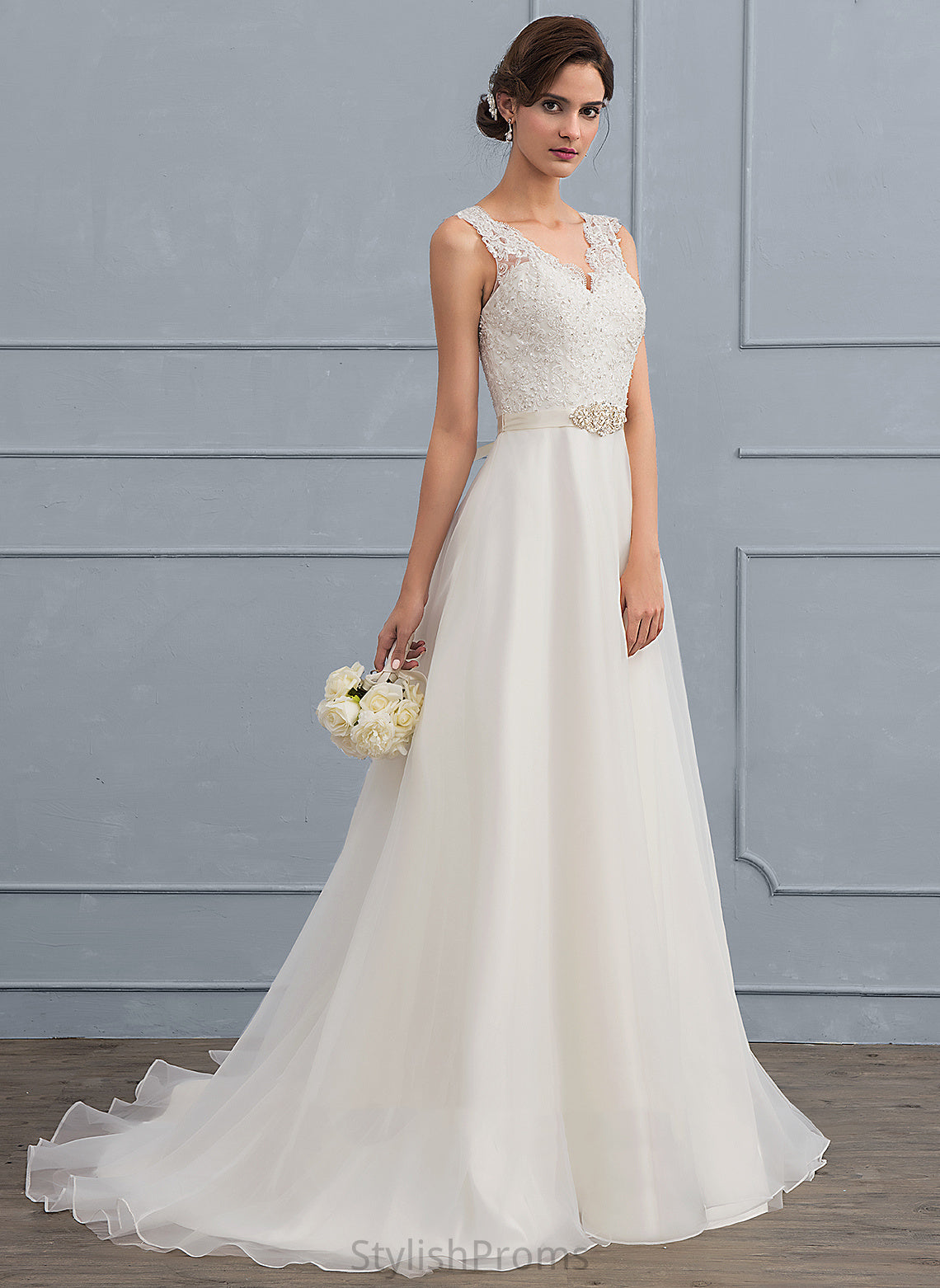 Dress V-neck With Arabella Wedding Lace Beading Organza Train Bow(s) Sweep A-Line Wedding Dresses