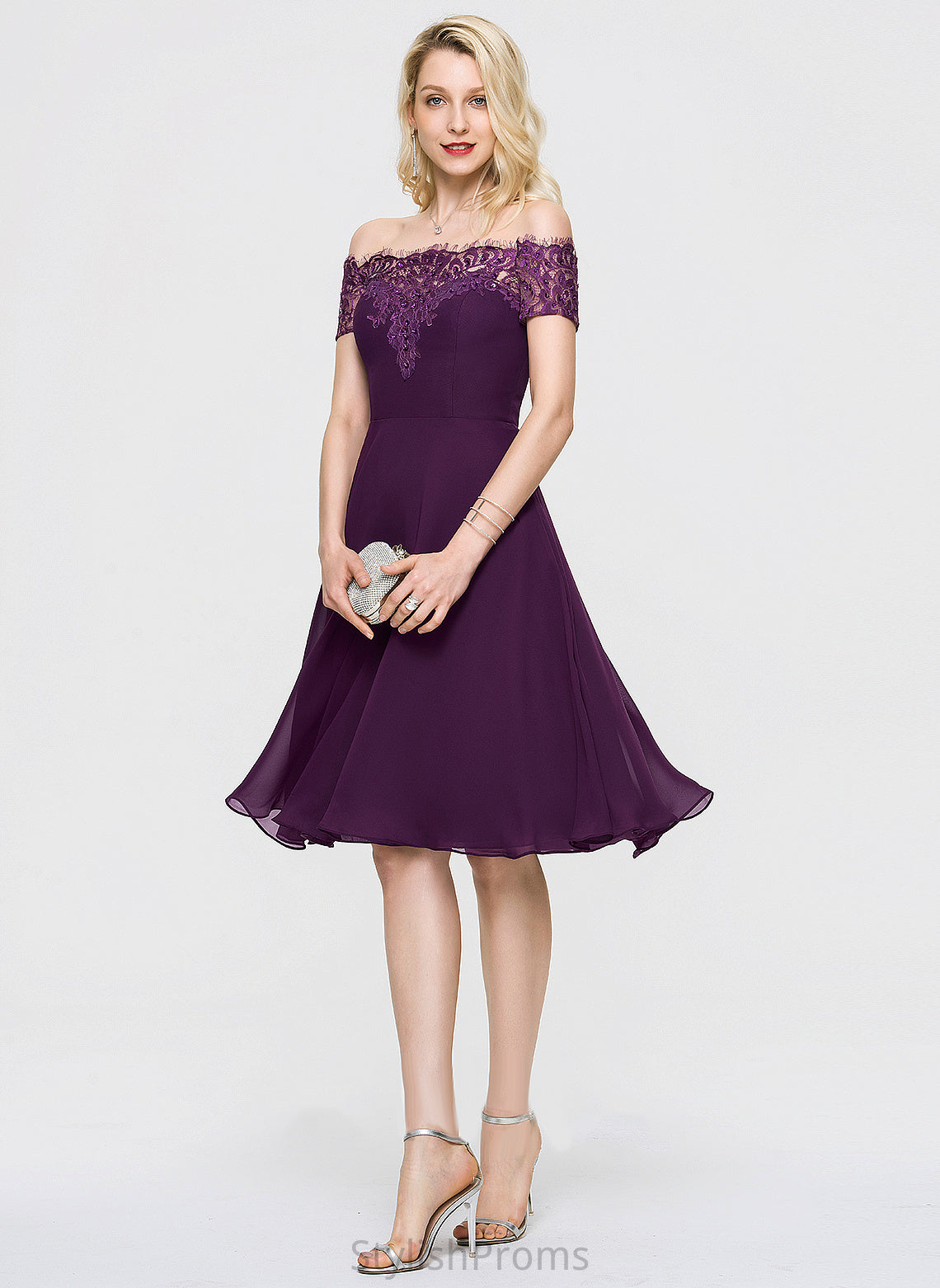 Lace Dress With Beading Off-the-Shoulder Lace Kendal Chiffon Cocktail Knee-Length Cocktail Dresses A-Line