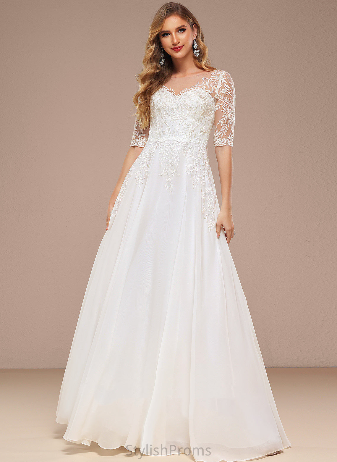 Wedding A-Line Wedding Dresses V-neck Floor-Length Dress Alexus Chiffon Lace