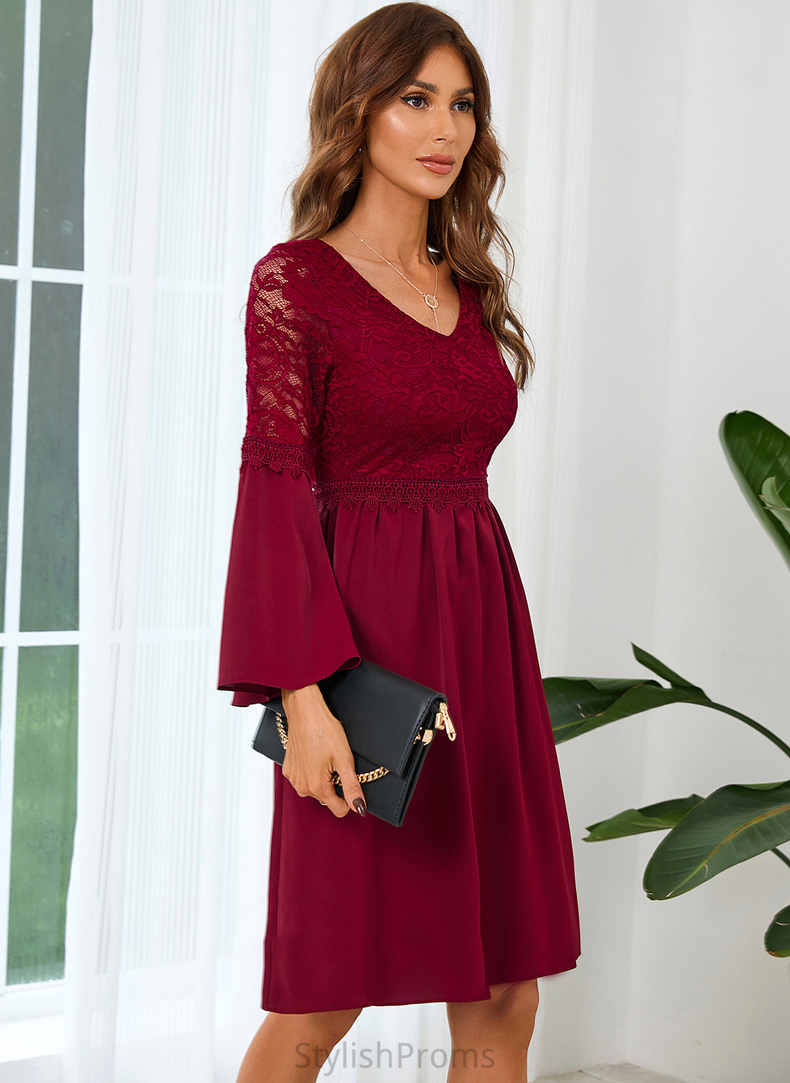 Lace V-Neck Sleeves Club Dresses Lace Dresses Long A-line Barbara Mini Elegant