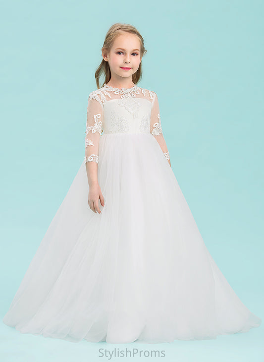 Flower 3/4 Floor-length Dress Tulle Girl - Scoop Melany Neck Sleeves Flower Girl Dresses Ball-Gown/Princess