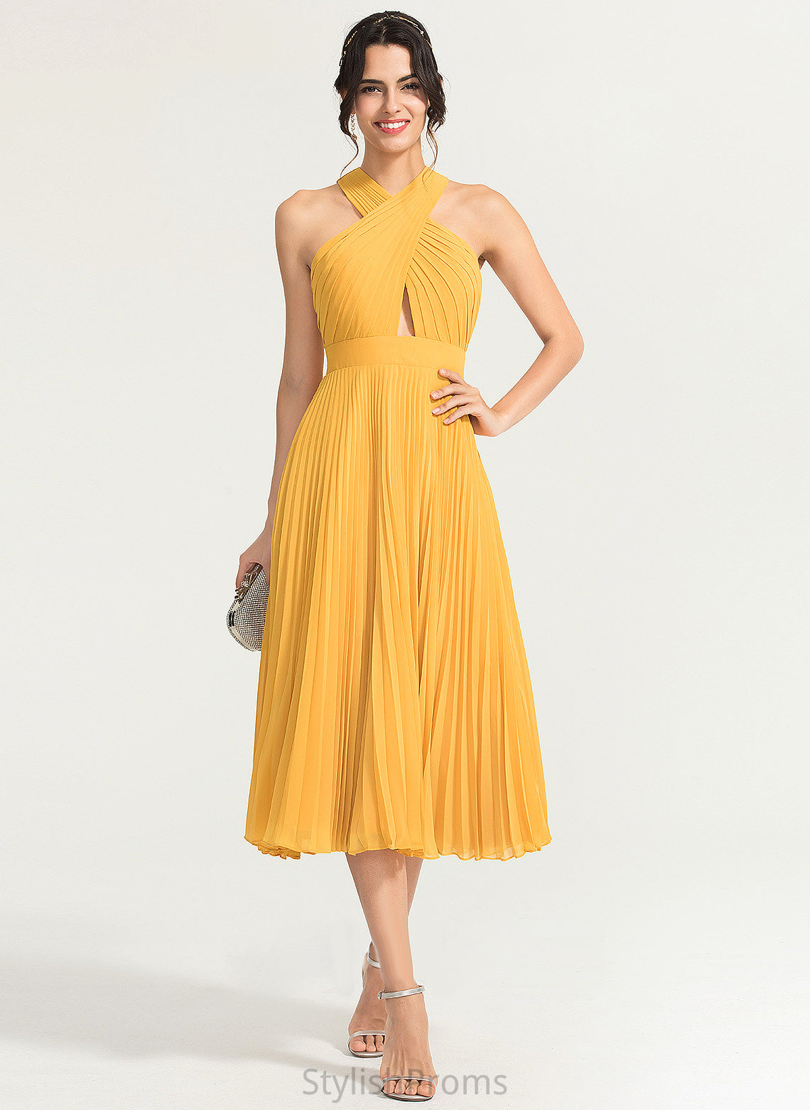 Tea-Length Yamilet With Pleated Cocktail Cocktail Dresses V-neck Dress A-Line Chiffon