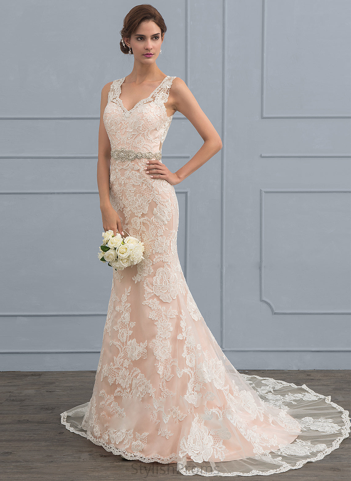 With Wedding Dresses Wedding Dress Train Beading V-neck Trumpet/Mermaid Tulle Chapel Lace Finley