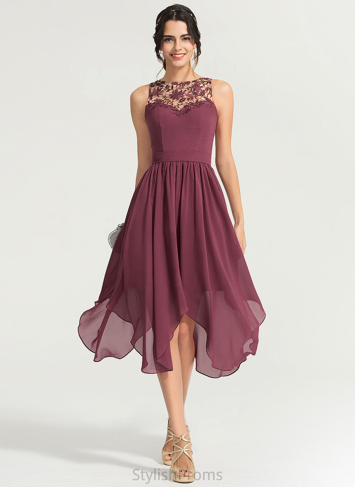 Scoop A-Line Lace Cocktail Dress Chiffon Cocktail Dresses Neck Alisa Asymmetrical