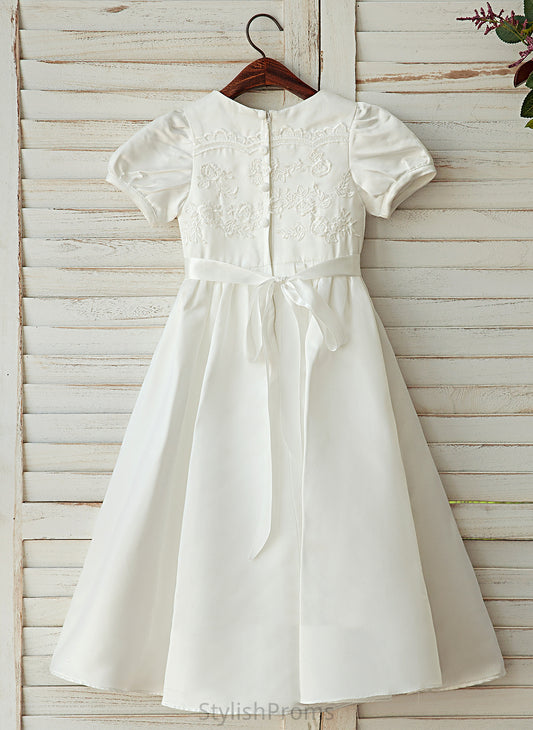 Girl Flower Girl Dresses A-Line Neck - Ankle-length Short Scoop Satin/Lace Dress Kelly Sleeves Flower