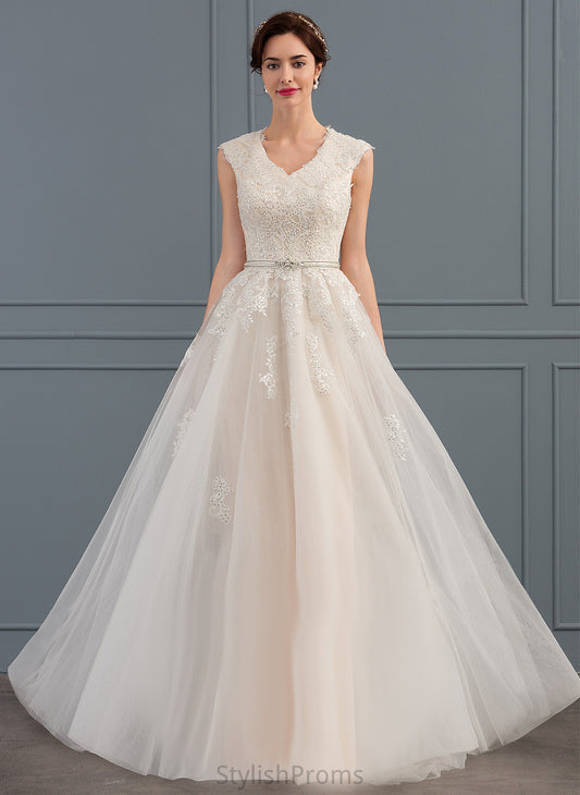 Tulle Dylan With Wedding Train Lace Sequins Wedding Dresses A-Line Dress V-neck Bow(s) Beading Sweep