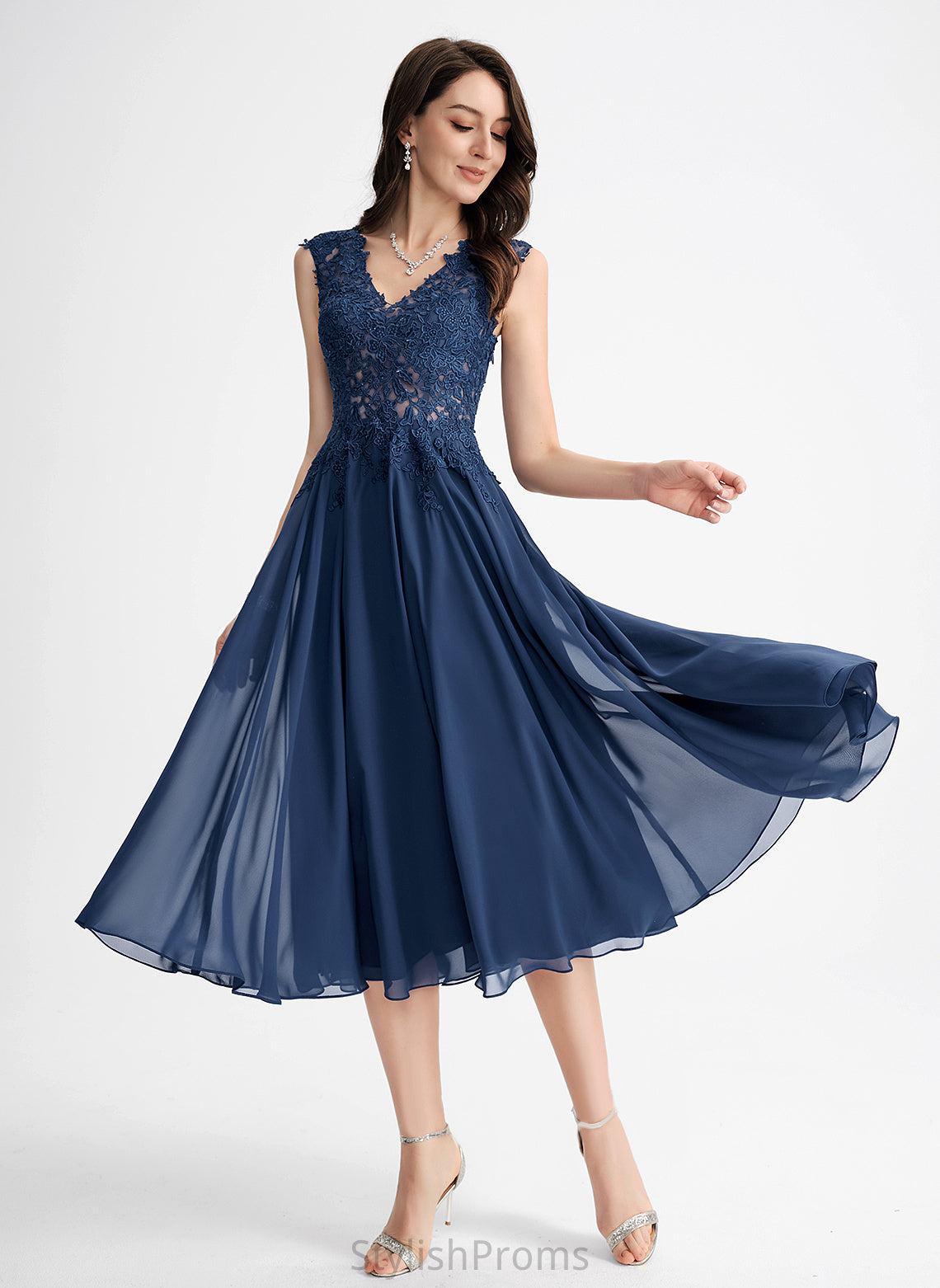 V-neck Cocktail Lace A-Line Isabela Dress Tea-Length Chiffon Cocktail Dresses