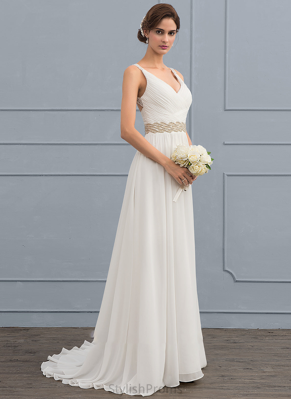 Chiffon Sequins Sweep Train Dress Wedding Beading With Linda A-Line Ruffle Wedding Dresses V-neck Lace