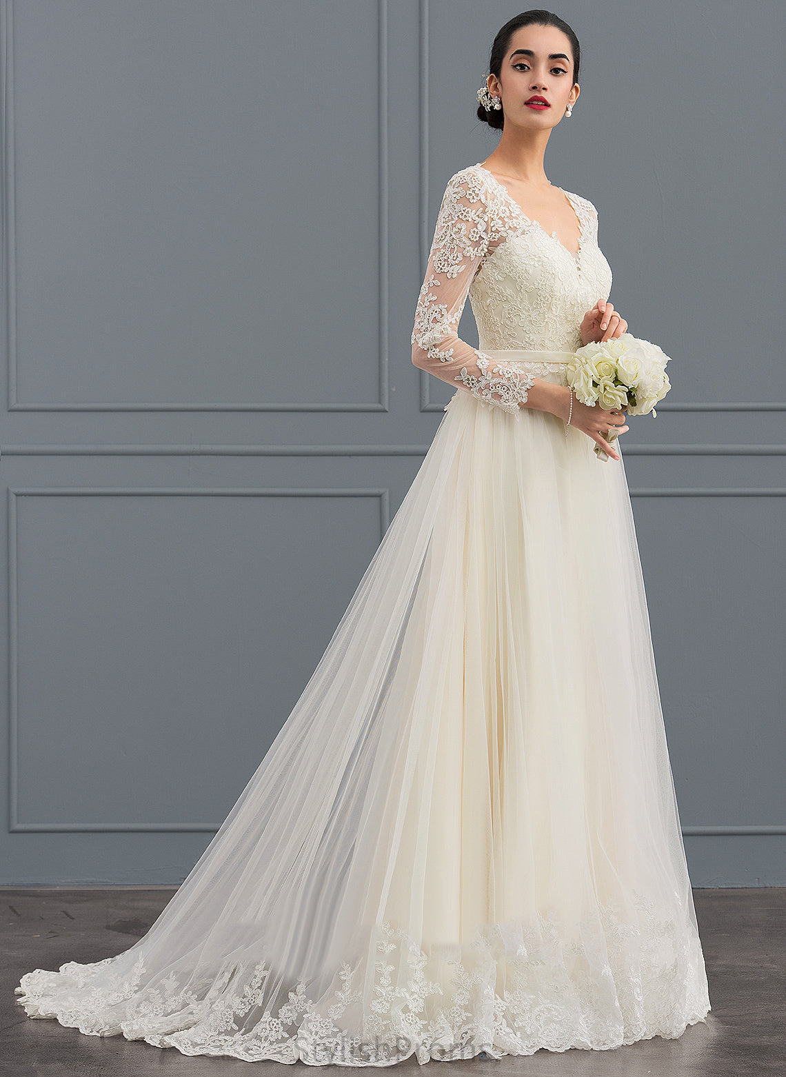 Zoie Train Ball-Gown/Princess Sweep Dress Wedding Lace V-neck Tulle Wedding Dresses