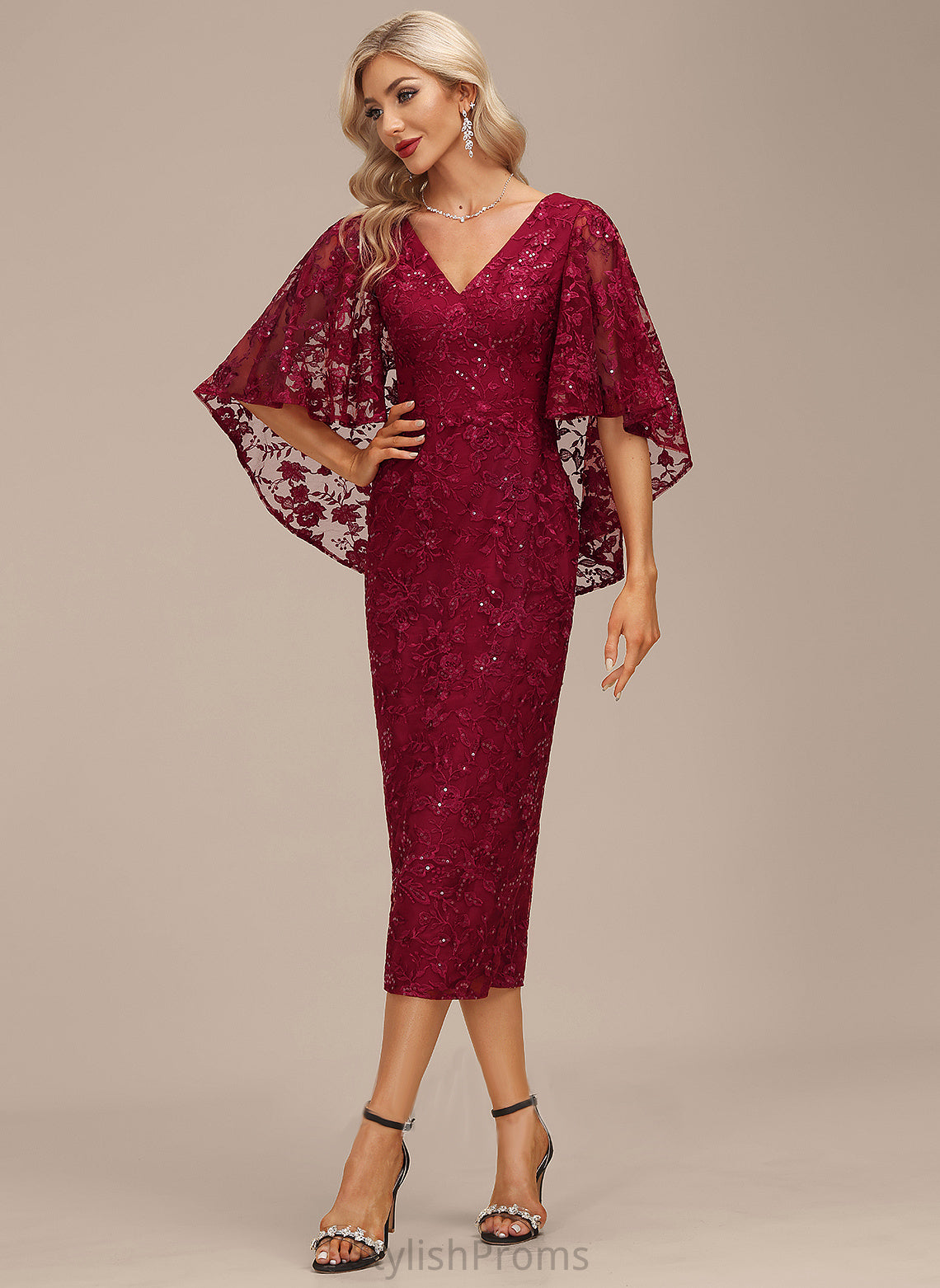 Sequins Tea-Length Sheath/Column Lorna Cocktail Dresses With Dress V-neck Cocktail Lace