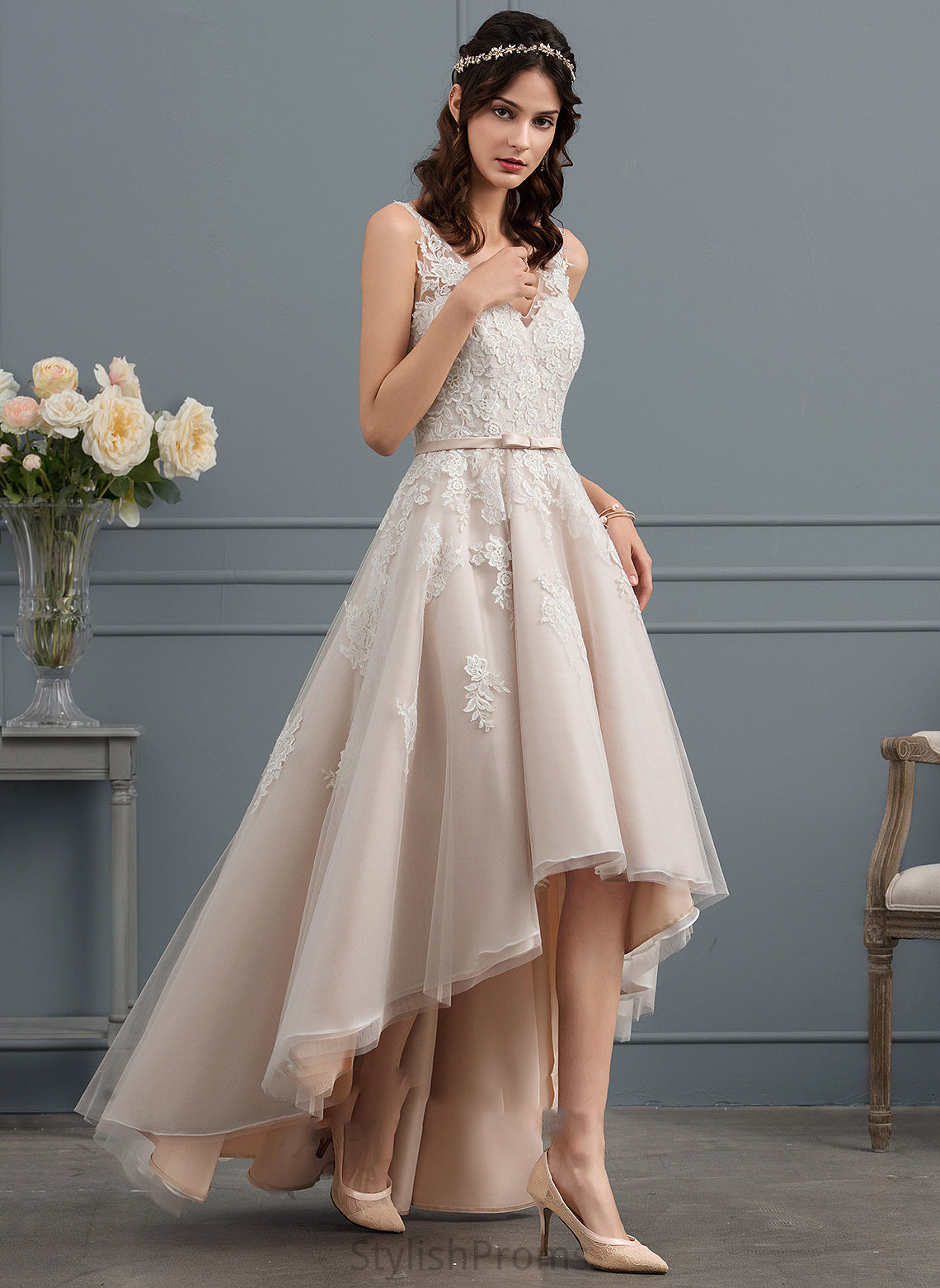 Dress Wedding With A-Line Lace Asymmetrical V-neck Jade Wedding Dresses Tulle Bow(s)