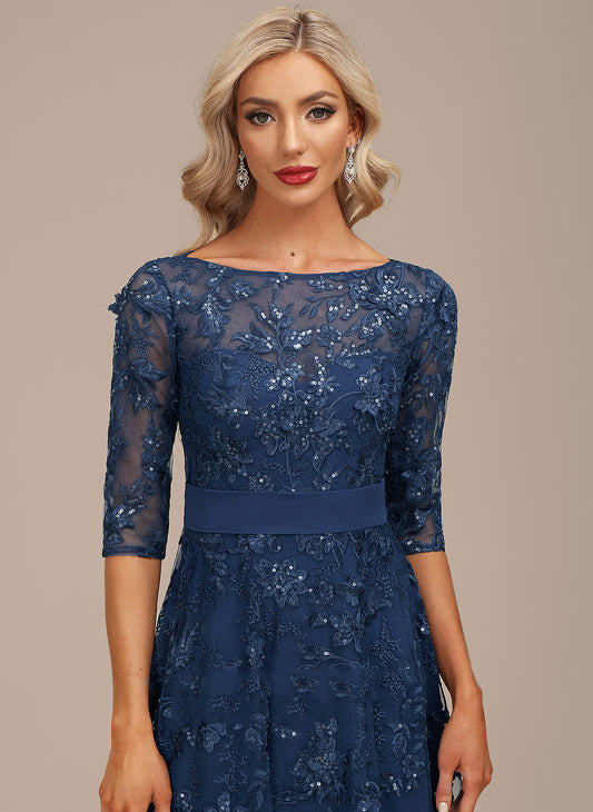 Cocktail Scoop Lace Chiffon Cocktail Dresses A-Line Sequins Tea-Length Neck Dress With Alivia