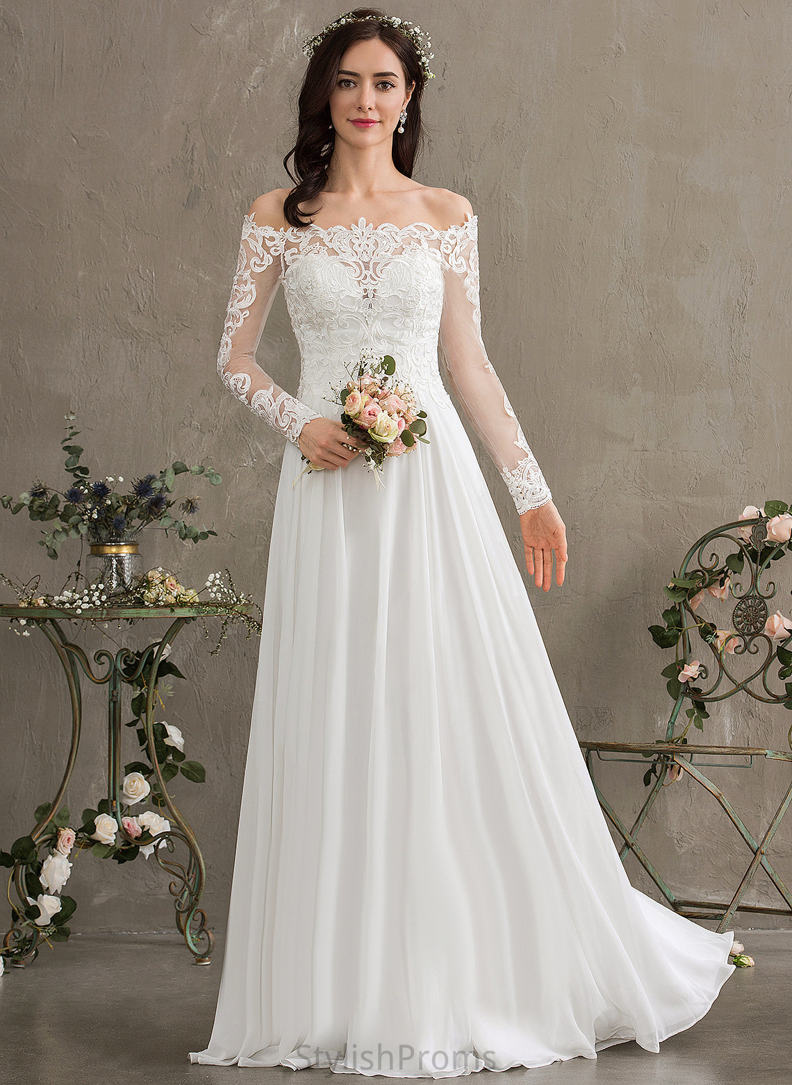 Off-the-Shoulder Karley Wedding Floor-Length Dress Wedding Dresses Lace A-Line Chiffon