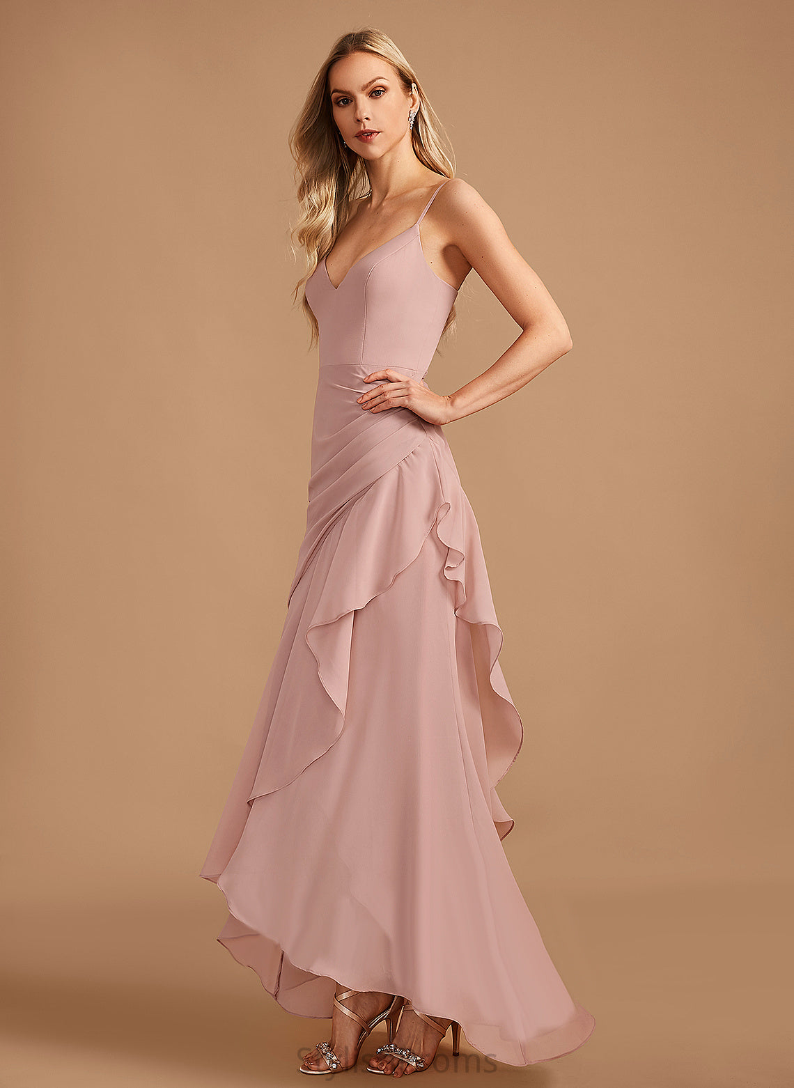 Length Neckline Embellishment V-neck Trumpet/Mermaid Asymmetrical Fabric Silhouette Ruffle Rachael A-Line/Princess Floor Length Bridesmaid Dresses