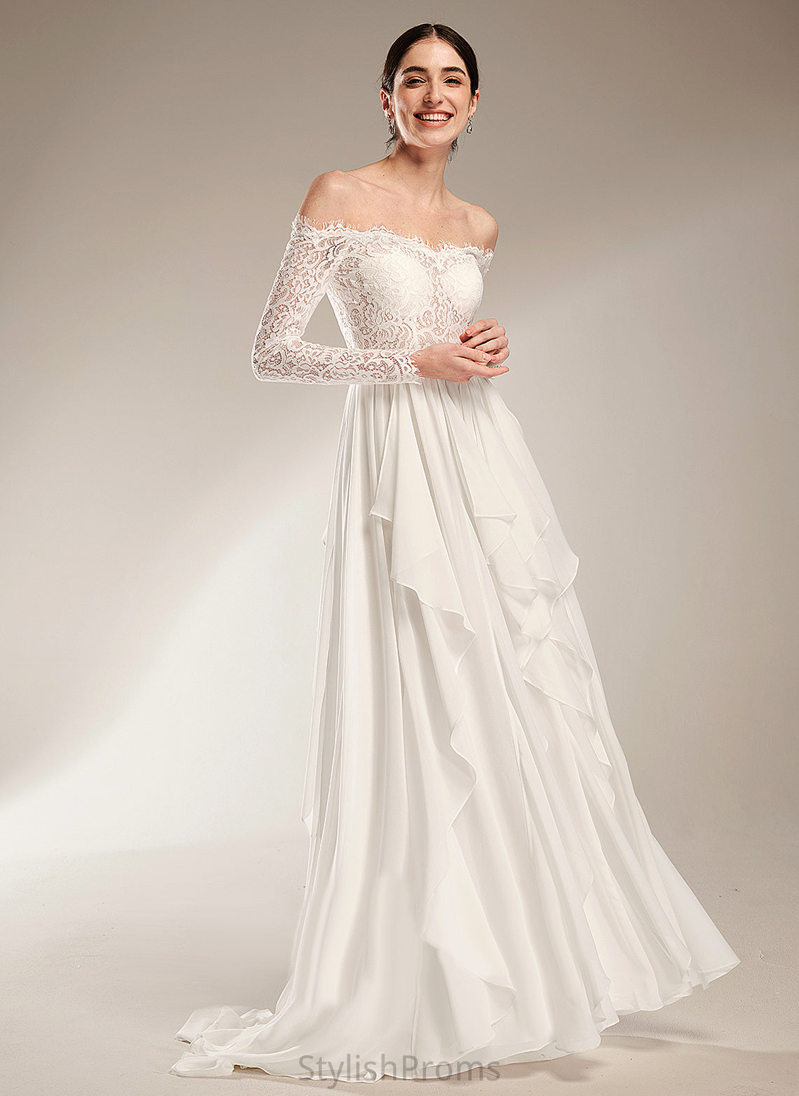 Ruffle Wedding Lace Court Off-the-Shoulder With Chiffon Train Wedding Dresses Madge Dress A-Line