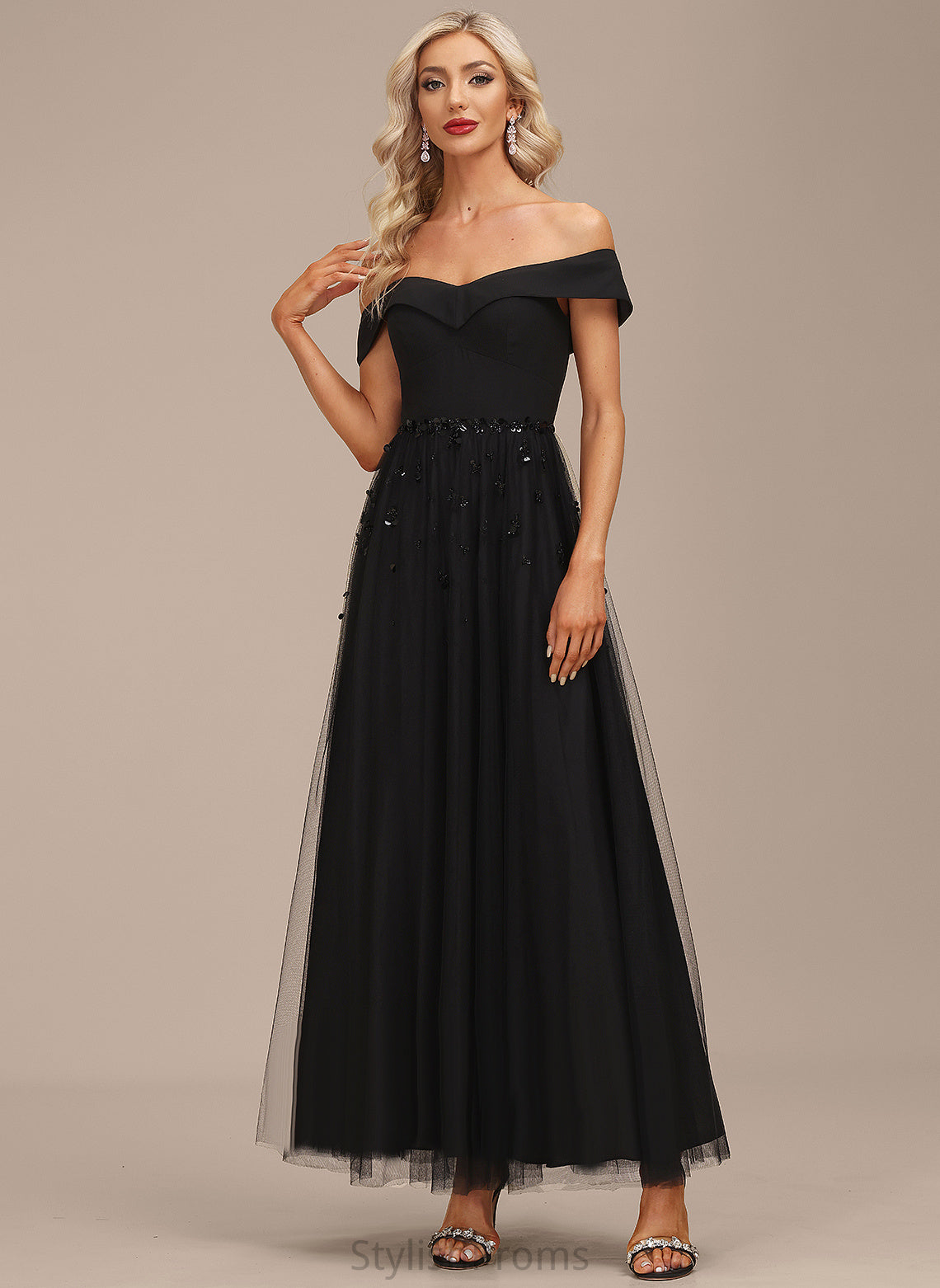 Sequins Cocktail Dresses Off-the-Shoulder A-Line Cocktail With Ankle-Length Dress Chiffon Beading Nathaly Tulle