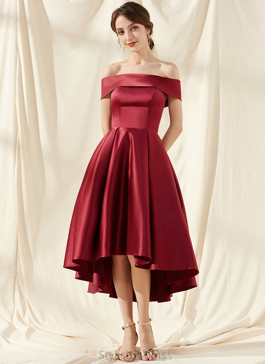 Off-the-Shoulder Asymmetrical Satin Dress Pockets Alaina Cocktail Dresses A-Line Cocktail With