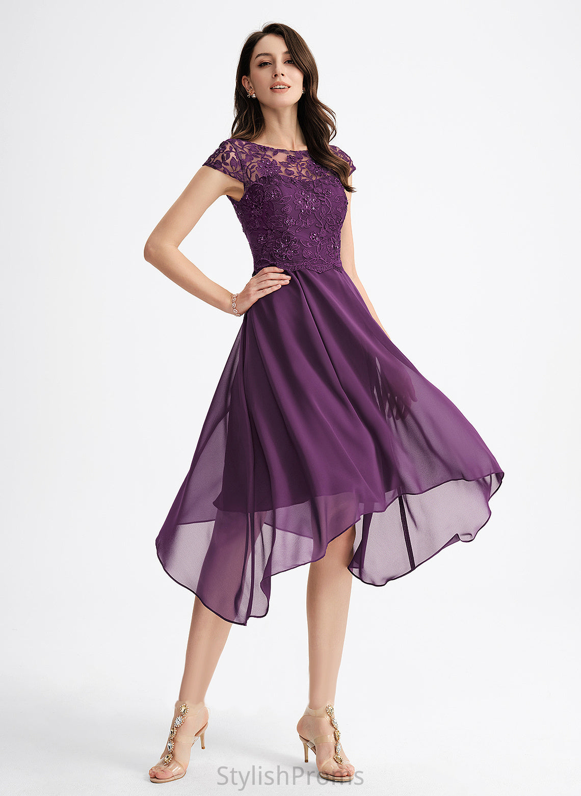 Scoop Asymmetrical Neck A-Line With Sequins Beading Chiffon Lace Dress Laney Cocktail Cocktail Dresses