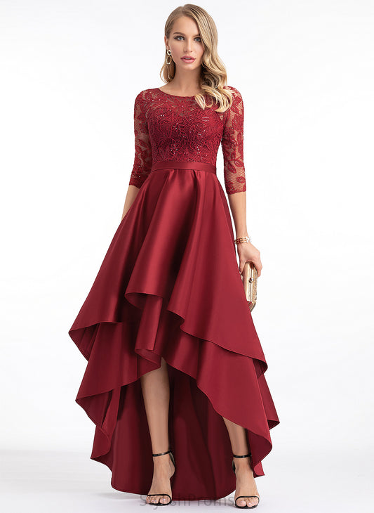 A-Line With Gill Satin Sequins Prom Dresses Lace Asymmetrical Scoop