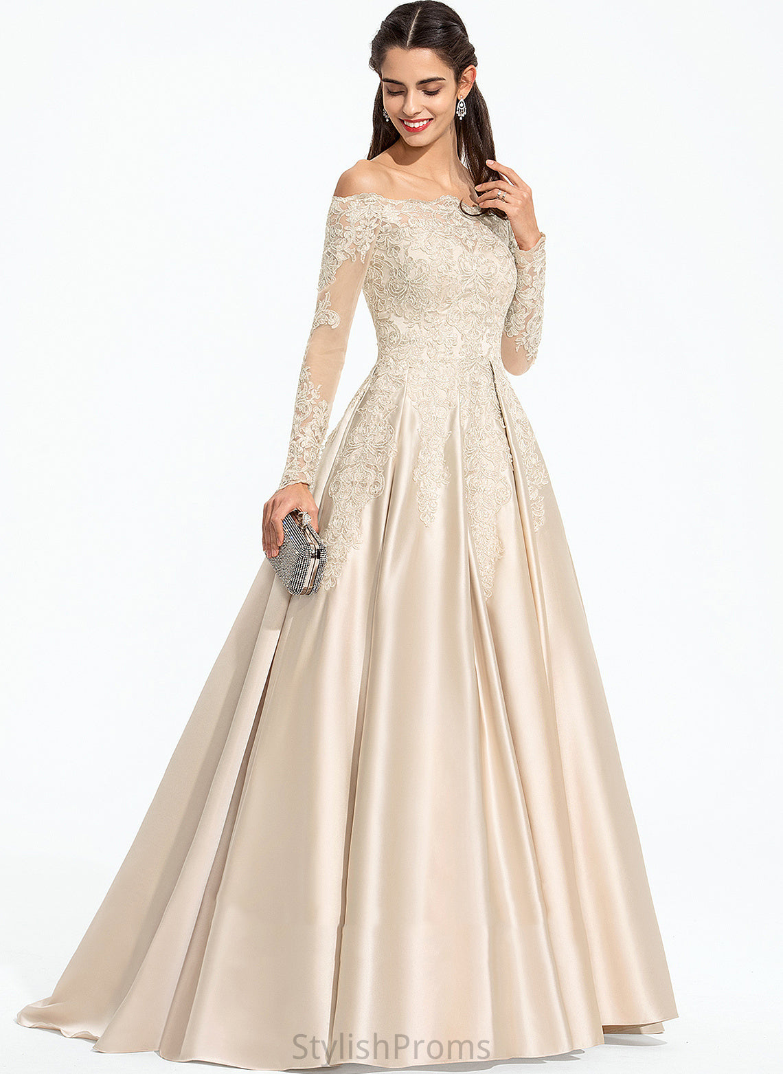 Off-the-Shoulder Sequins Ball-Gown/Princess With Satin Train Lace Prom Dresses Sweep Nancy