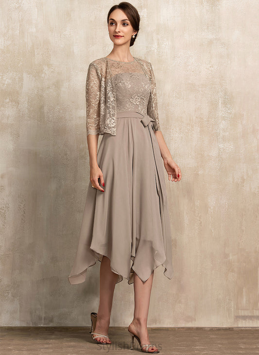 Chiffon Neck Asia Tea-Length Cocktail Dresses Bow(s) Scoop Dress Cocktail A-Line With Lace