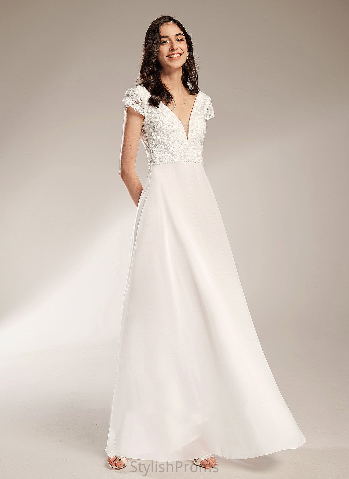 Wedding Dress V-neck Lace Chiffon A-Line Floor-Length Wedding Dresses Peyton