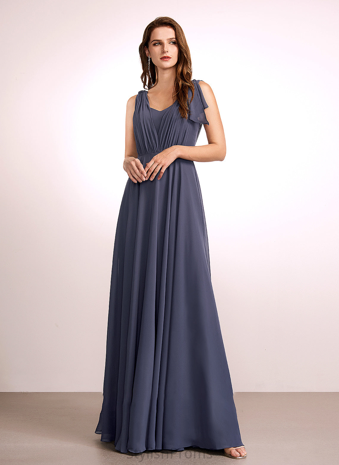 A-Line Ruffle Fabric V-neck Floor-Length Length Embellishment Silhouette Neckline Ana Trumpet/Mermaid Off The Shoulder Bridesmaid Dresses