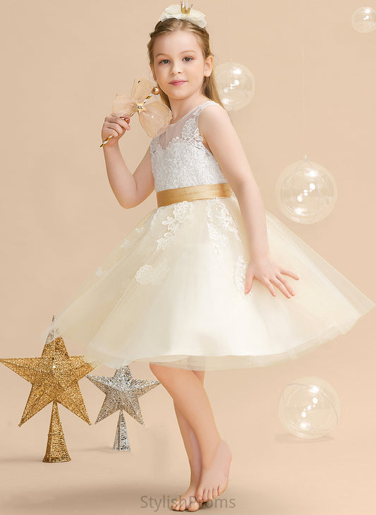 Flower Scoop Knee-length Back Appliques/V Neck - Sleeveless Girl Flower Girl Dresses A-Line Claire Dress Satin/Tulle/Lace With