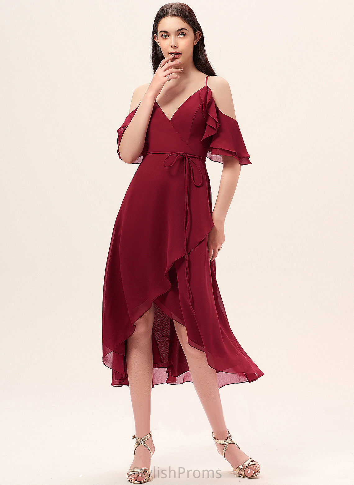 V-neck With Phoenix Cascading Chiffon A-Line Dress Cocktail Asymmetrical Cocktail Dresses Ruffles