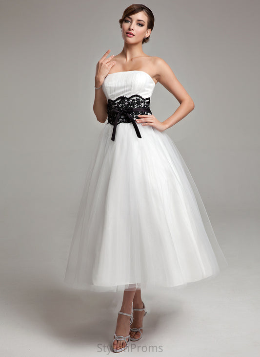 Dress With Ball-Gown/Princess Strapless Tulle Sash Beading Wedding Dresses Tea-Length Lace Bow(s) Dayanara Wedding