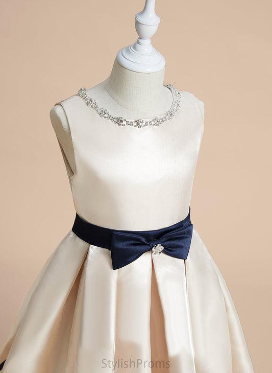 A-Line Knee-length Dress With Satin Beading/Bow(s) Scoop Sleeveless Flower Girl Dresses - Flower Kiley Neck Girl