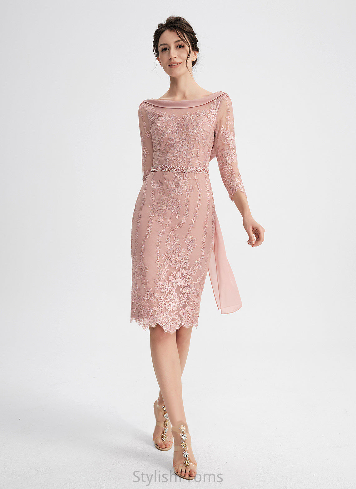 Cocktail Dresses Sequins Lace Neck Beading Abby Scoop Sheath/Column Dress Knee-Length With Cocktail