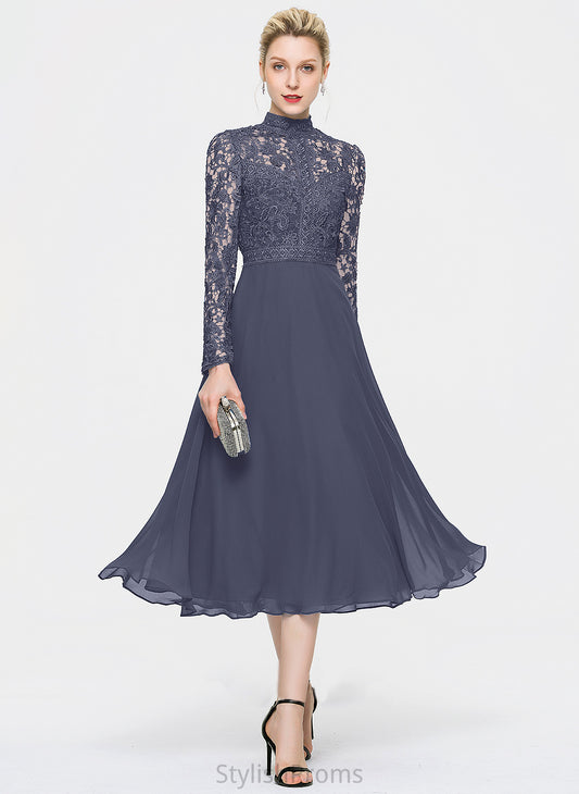 Cocktail High Dress Tea-Length Neck Cocktail Dresses Kaiya A-Line Lace Chiffon