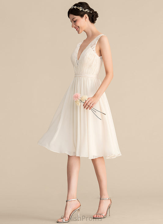 Wedding Dresses A-Line V-neck Knee-Length Lace Dress Ruffle Wedding With Chiffon Amya