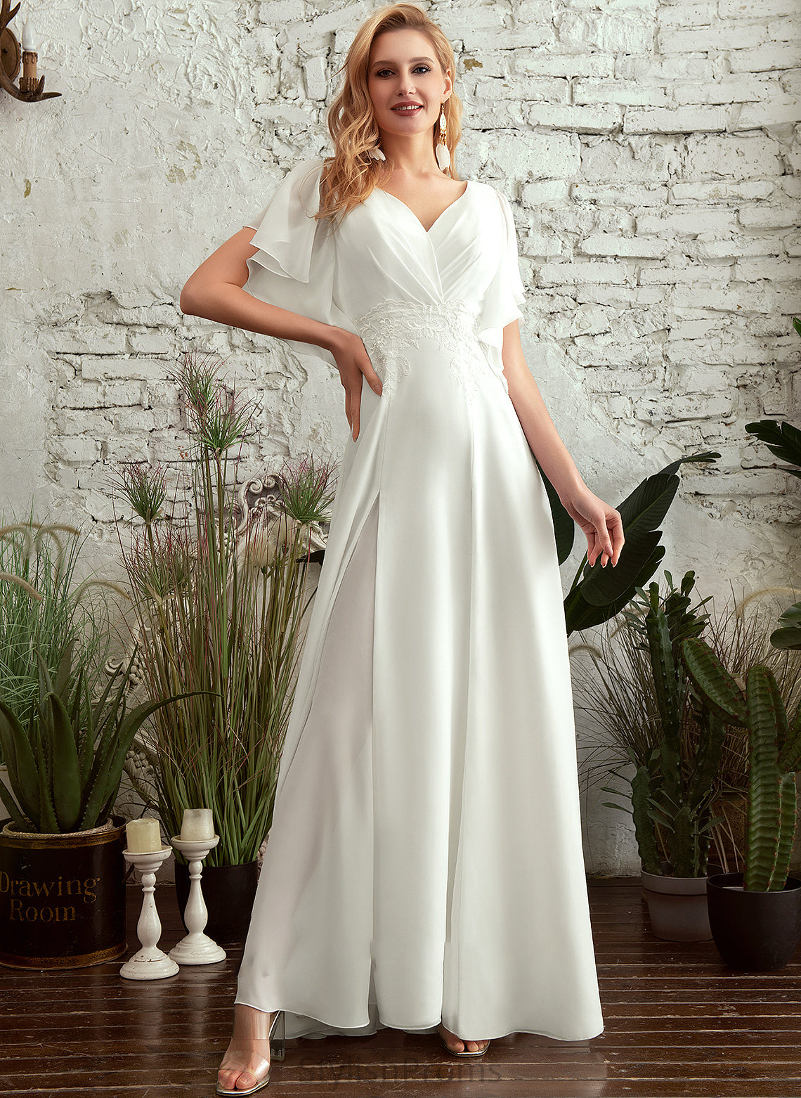 V-neck Dress Lace Kamora A-Line Split With Front Wedding Floor-Length Wedding Dresses