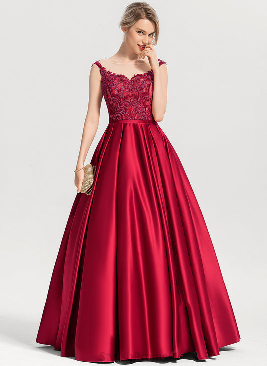 Floor-Length Jaylene Satin Sequins Scoop With Prom Dresses Lace Ball-Gown/Princess