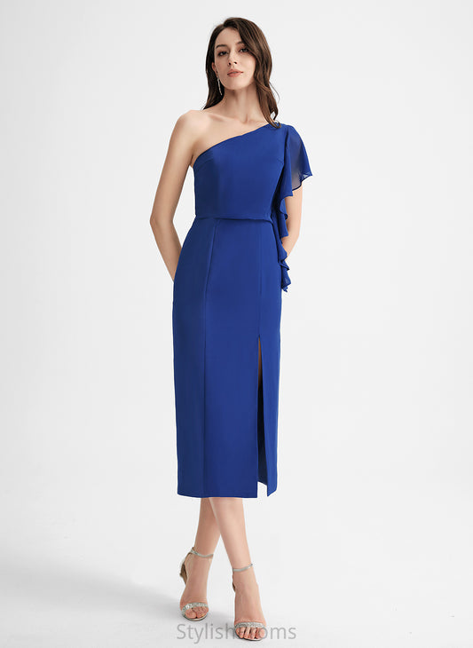 Cocktail Dresses Ruffle One-Shoulder Sheath/Column Tea-Length Harriet Chiffon Cocktail Dress With