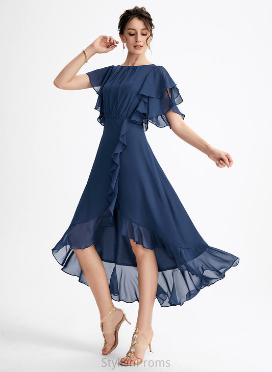 With Cascading Asymmetrical Chiffon A-Line Cocktail Dress Scoop Ruffles Neck Viviana Cocktail Dresses