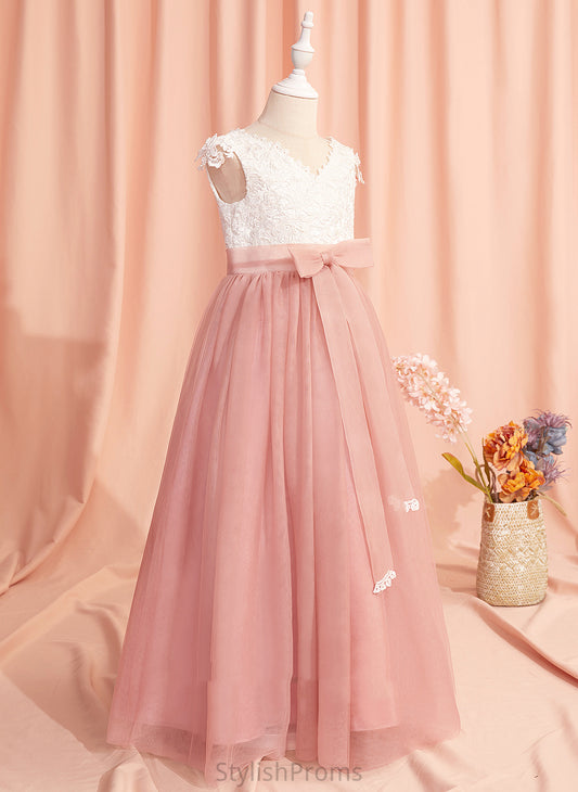 Flower Sleeves Short Girl With Back Ball-Gown/Princess Dress - Tulle V-neck Rylie Flower Girl Dresses Floor-length Sash/Bow(s)/V