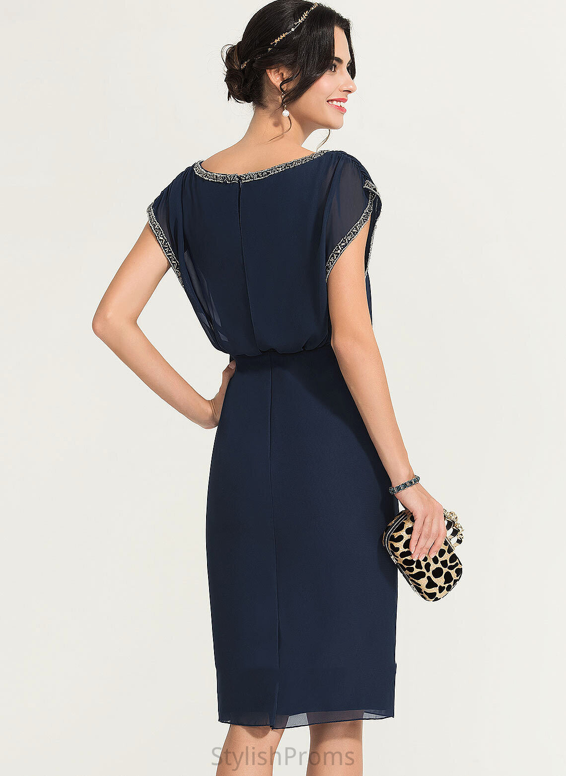 Beading Emma Knee-Length Chiffon Cocktail Dresses Neck Dress With Cocktail Scoop Sheath/Column